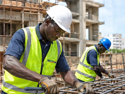 Deux ouvriers en gilet jaune et casque travaillent sur un chantier de construction