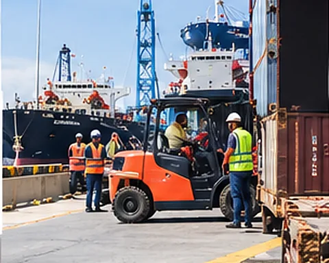 Un chariot élévateur et des dockers déplacent des conteneurs devant un navire