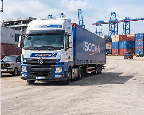 Un camion semi-remorque sur une zone portuaire, avec des conteneurs en arrière-plan